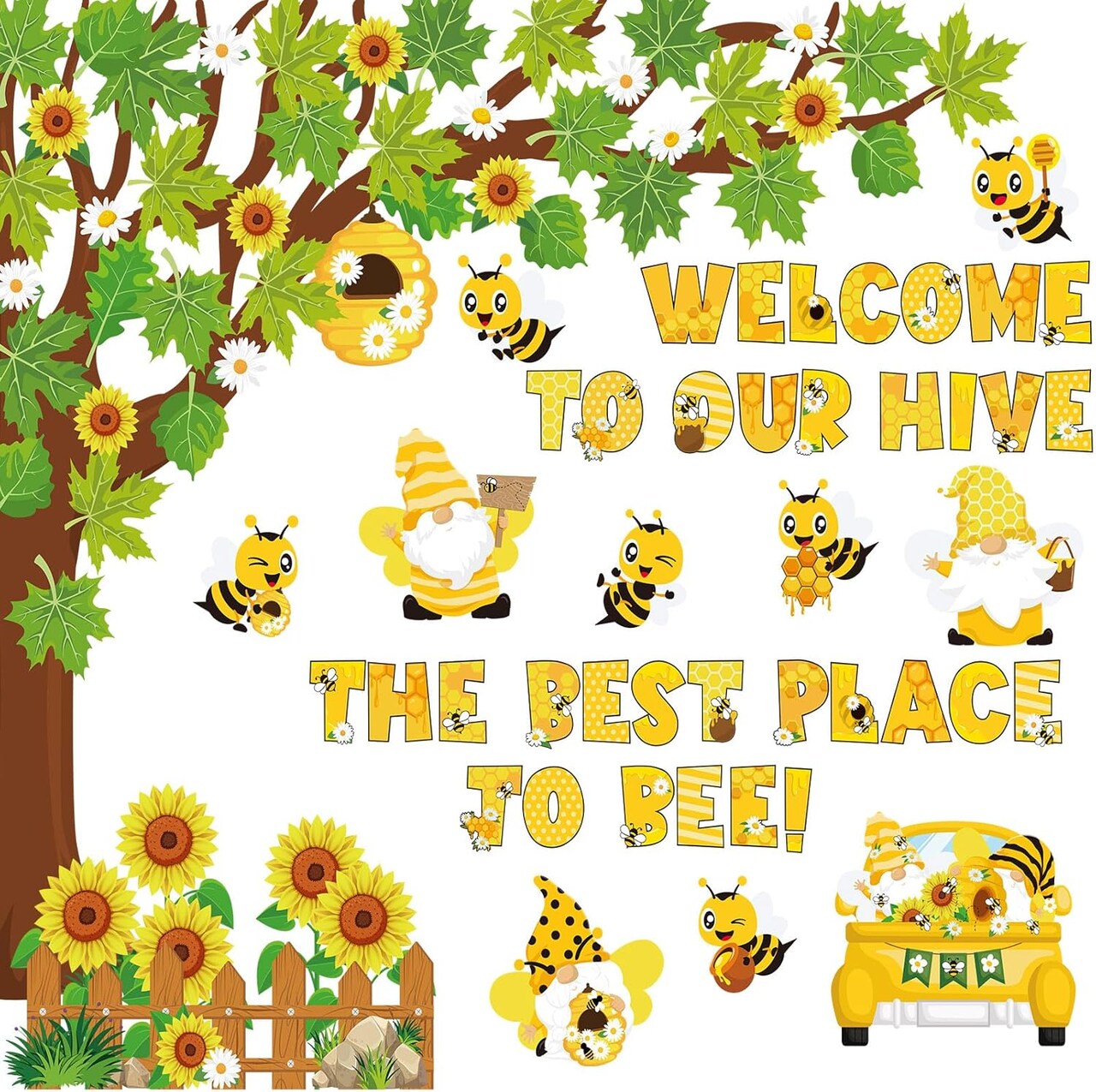 104 Pcs Classroom Tree Bulletin Board Set Bee Sunflower Bulletin Boards Decoration Cutouts Spring Summer Tree Leaves Cutout for Classroom Window Wall Home Office School Decor